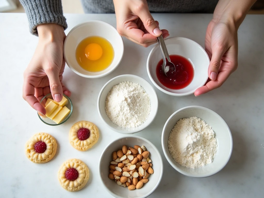 Ingredients for raspberry thumbprint cookies arranged on a countertop