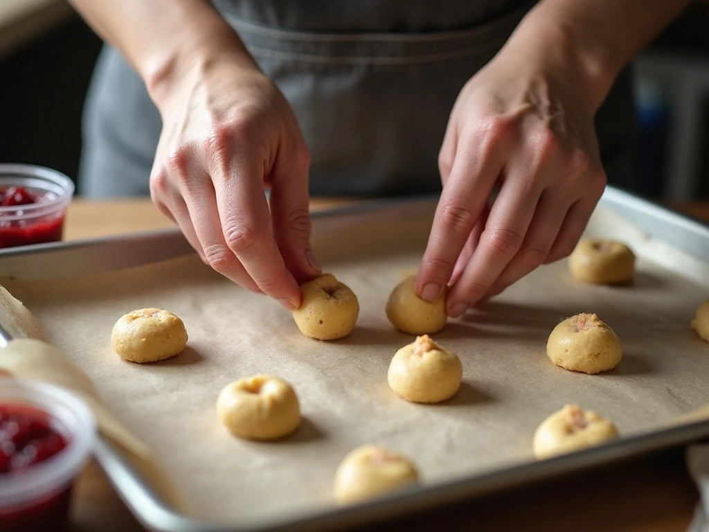 Shaping dough and pressing indentations for raspberry thumbprint cookies