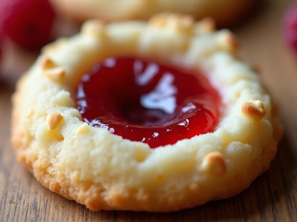 Close-up of a tender raspberry thumbprint cookie with almond coating