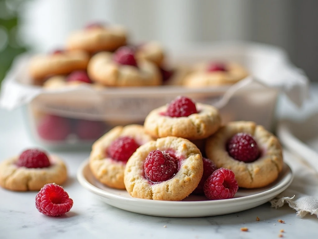 Raspberry thumbprint cookies stored in an airtight container