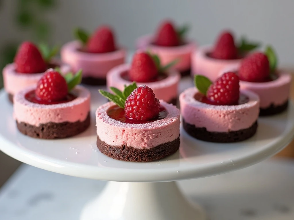 Raspberry tuxedo mini cheesecakes arranged on a dessert stand