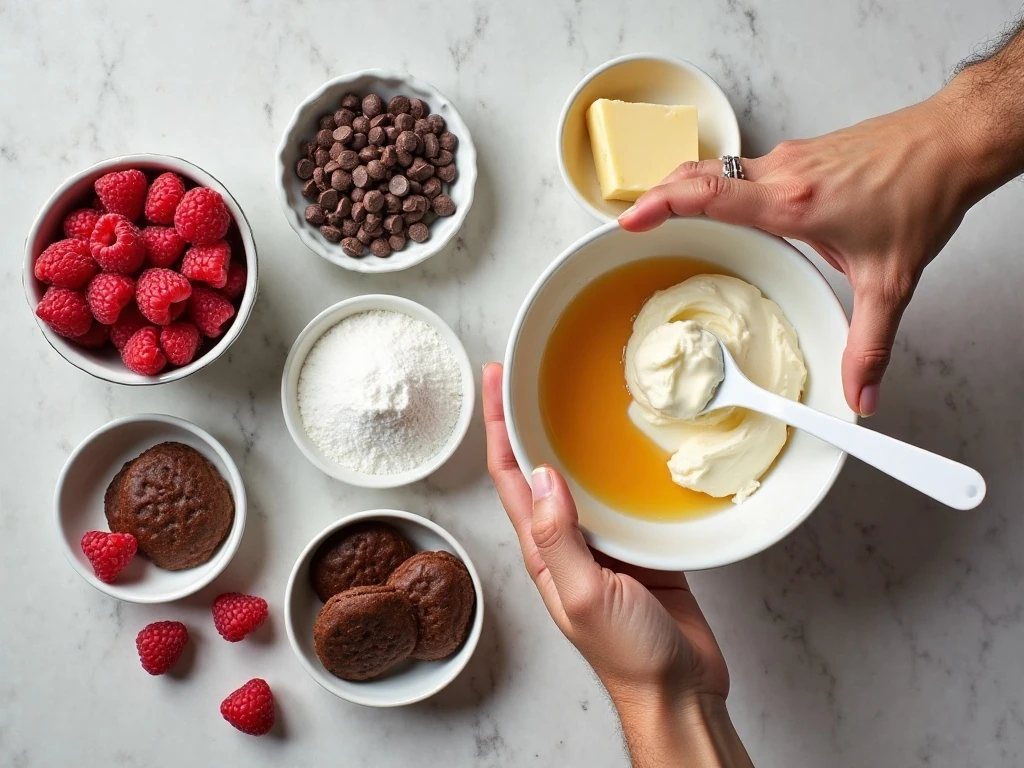 Ingredients for raspberry tuxedo mini cheesecakes