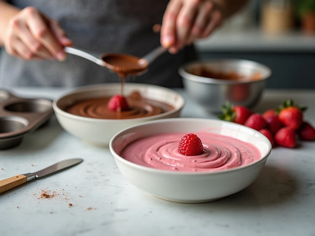 Chocolate and raspberry cheesecake batters ready for layering