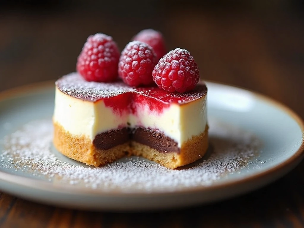 Close-up of a garnished raspberry tuxedo mini cheesecake