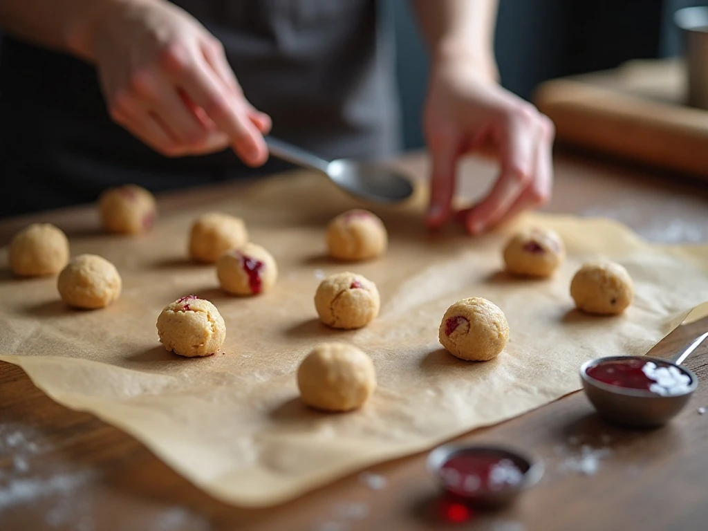 Preparing thumbprint cookie dough with raspberry jam