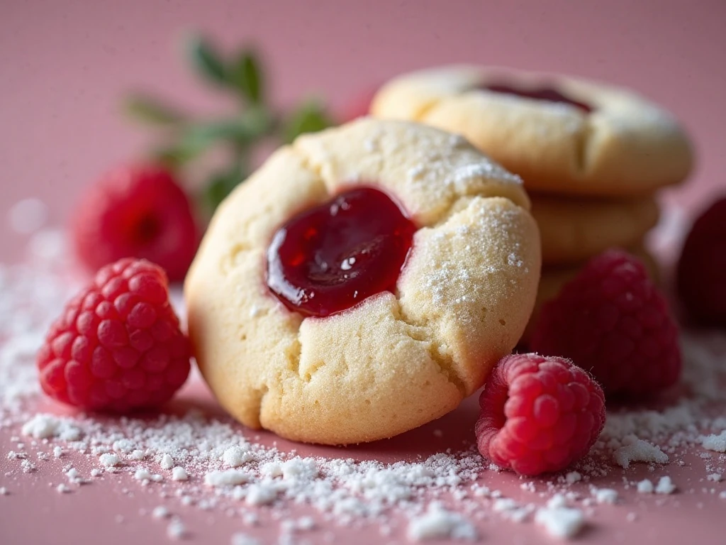 Close-up of a raspberry vanilla butter cookie with sugar