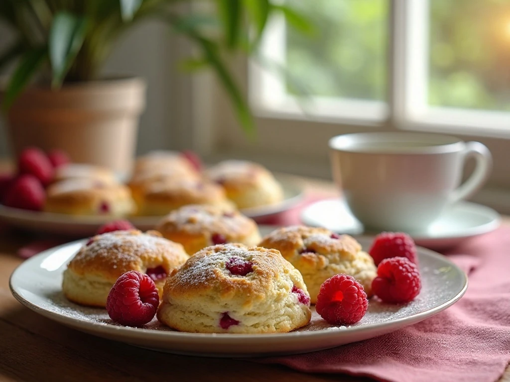 Plate of raspberry white chocolate scones served with tea