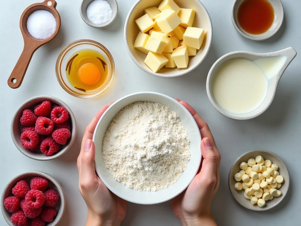 Ingredients for raspberry white chocolate scones