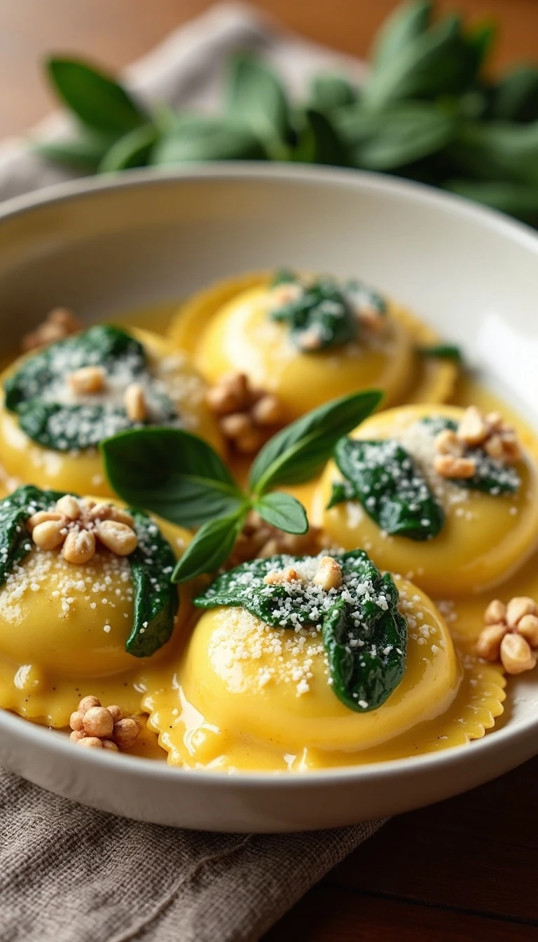 Ravioli with Sage Brown Butter Sauce, Spinach, and Walnuts