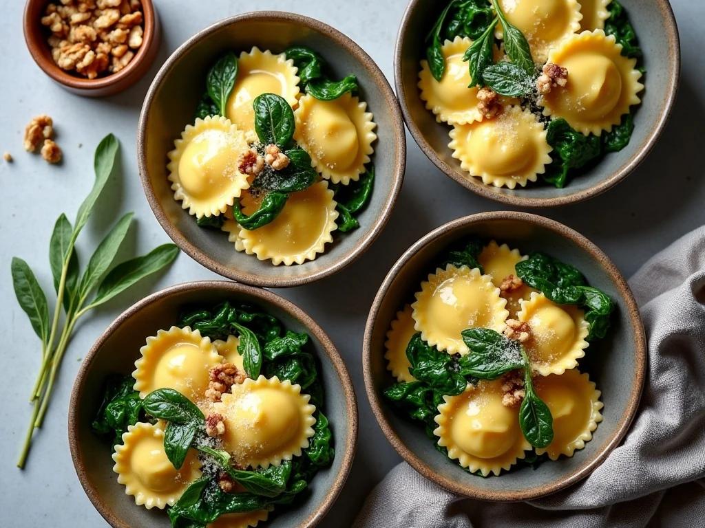 Ravioli with sage brown butter sauce, spinach, walnuts, and Parmesan