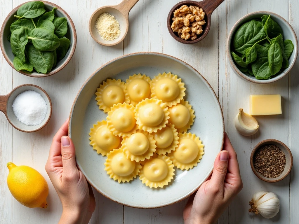 Ingredients for ravioli with sage brown butter sauce and spinach