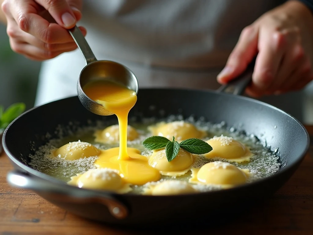 Making sage brown butter sauce for ravioli