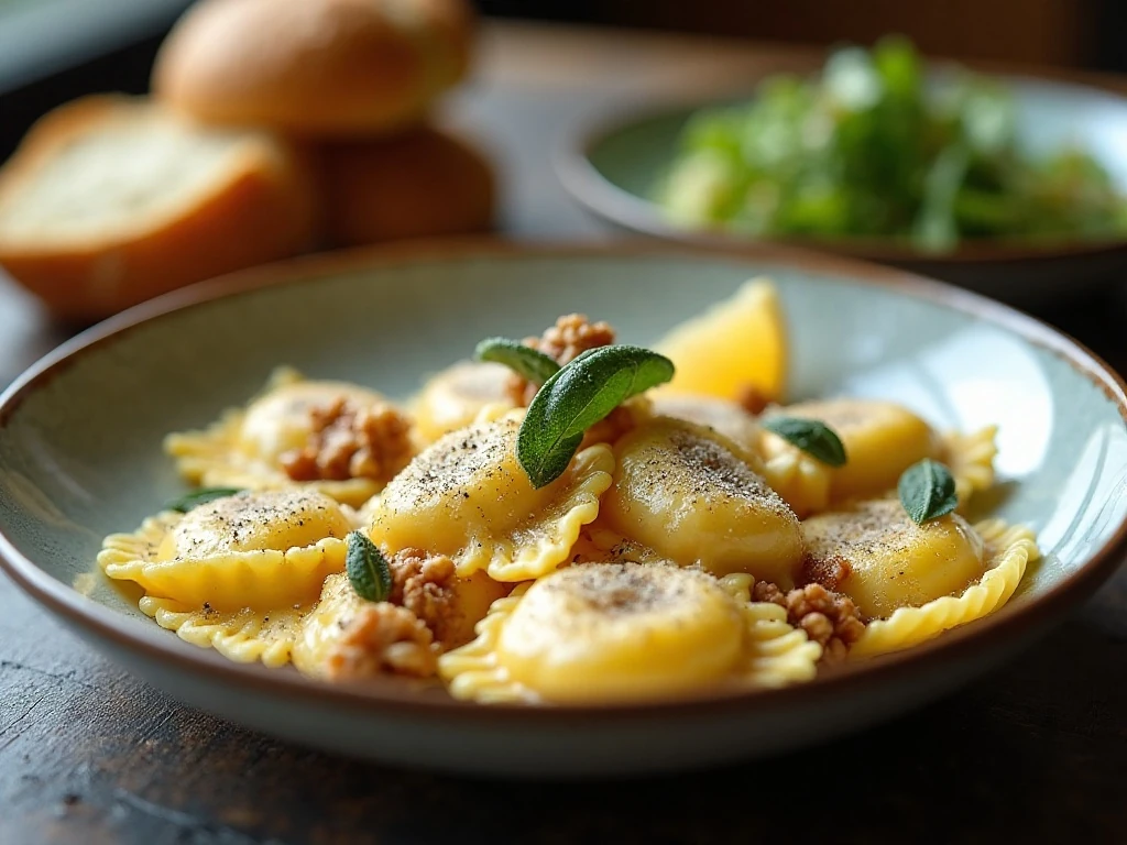 Plated ravioli dinner with sage, walnuts, spinach, and Parmesan