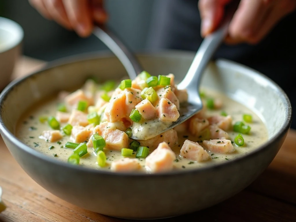 Gently folding lump crabmeat into crab salad dressing