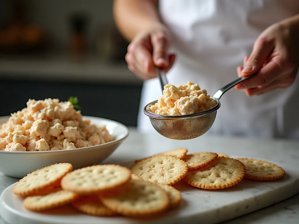 Draining crabmeat and preparing a thick crab salad for crackers