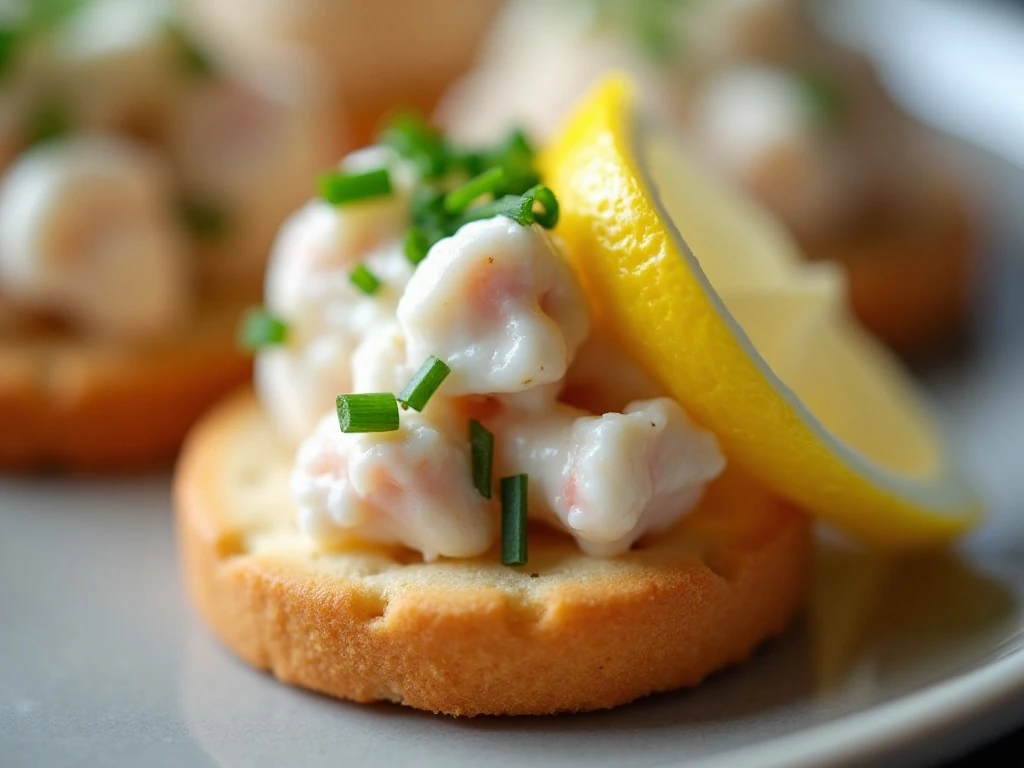Close-up of a garnished real crab salad cracker