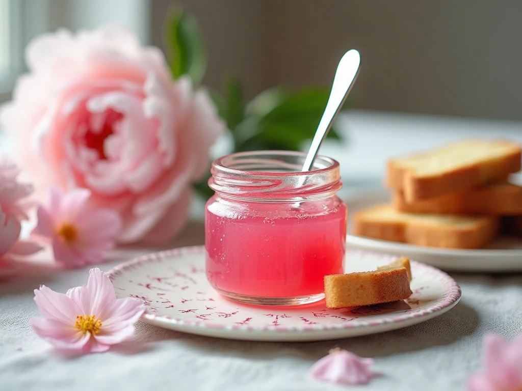 Homemade pink peony jelly served with tea cookies and toast
