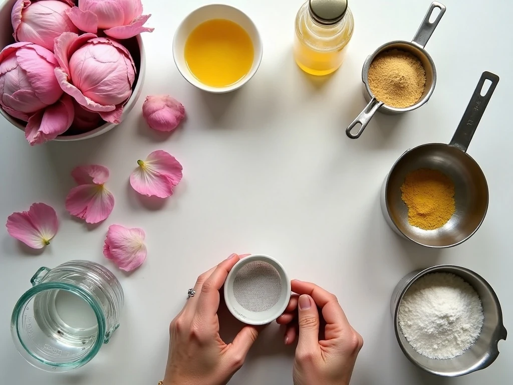 Ingredients for homemade peony jelly arranged on a kitchen counter