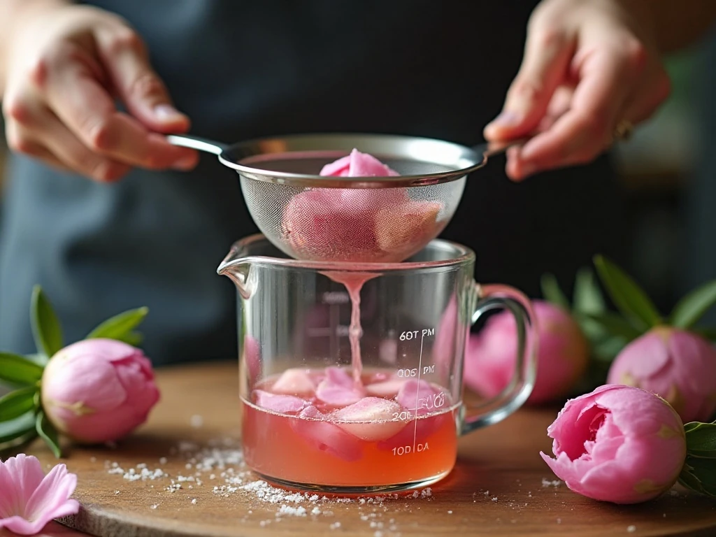 Straining a fragrant peony petal infusion for jelly