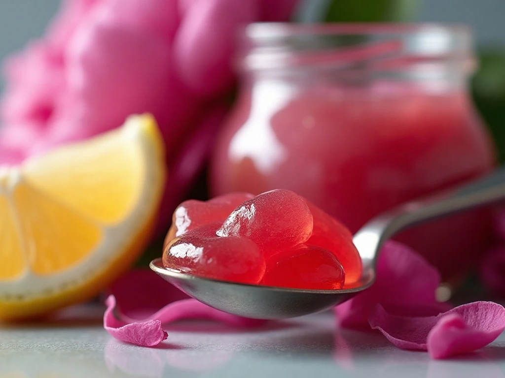 Deeply colored peony petals and glossy floral jelly