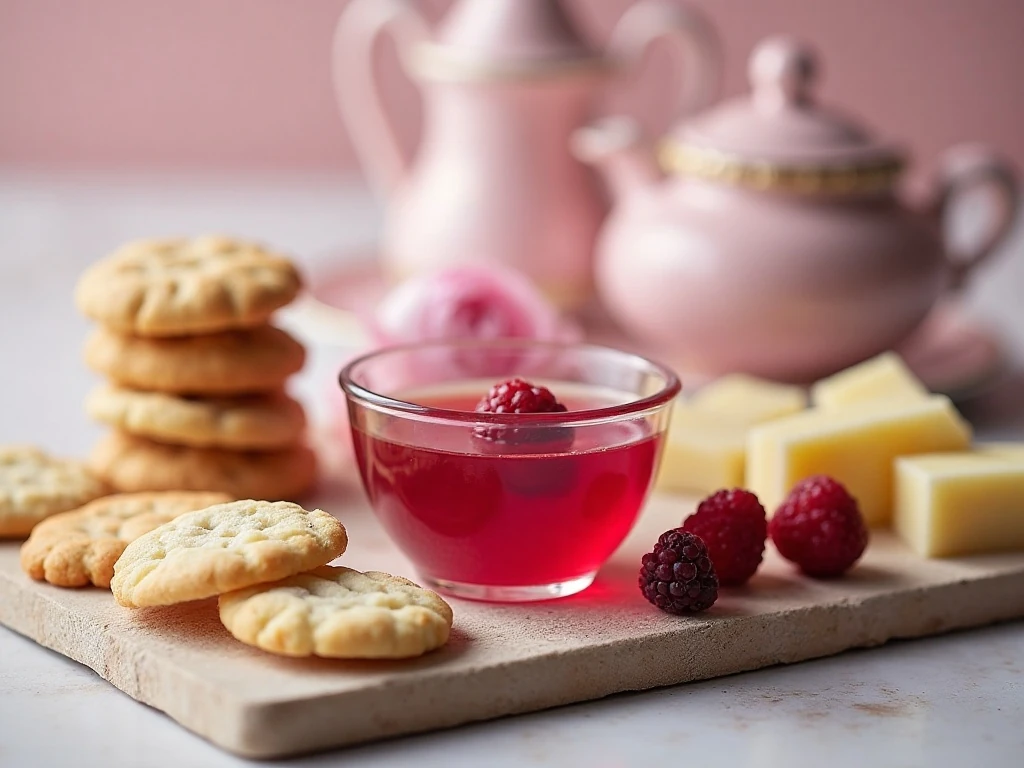 Peony jelly served with cookies, cheese, and crackers