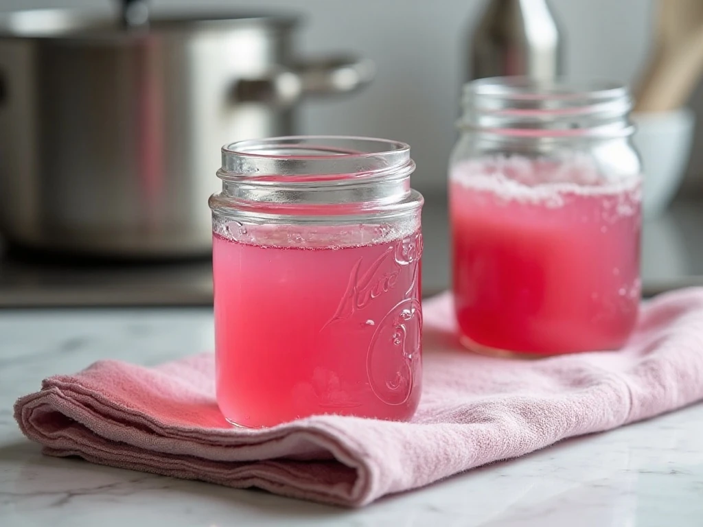 Sealed jars of peony jelly cooling after boiling-water processing
