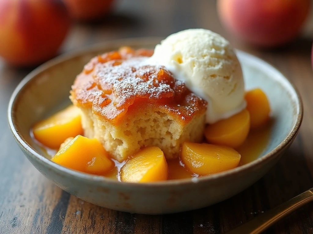 Warm peach dump cake served with vanilla ice cream