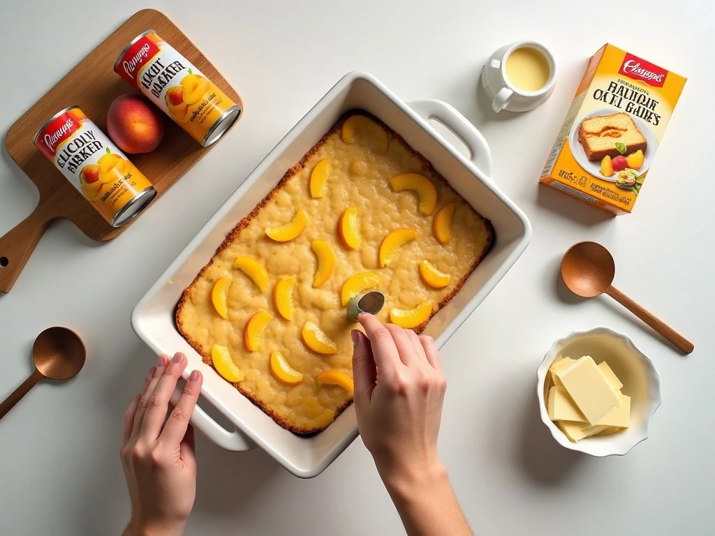 Three ingredients for peach dump cake with baking dish