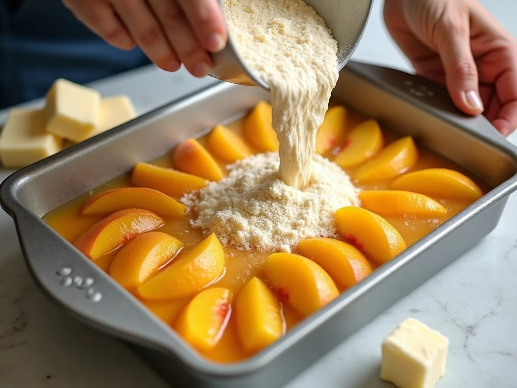 Layering peaches and yellow cake mix for dump cake