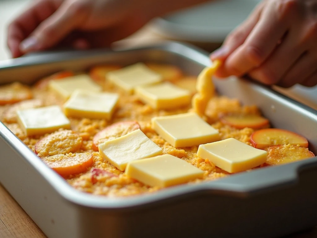 Thin butter slices covering the cake mix topping