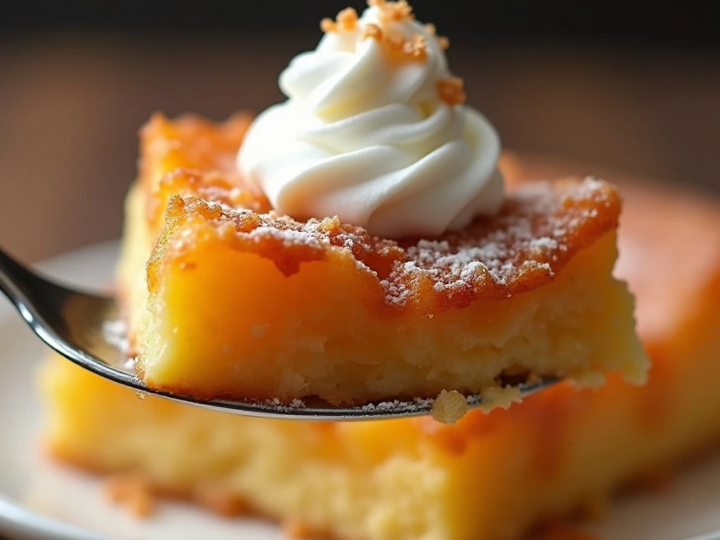 Close-up peach dump cake with whipped cream