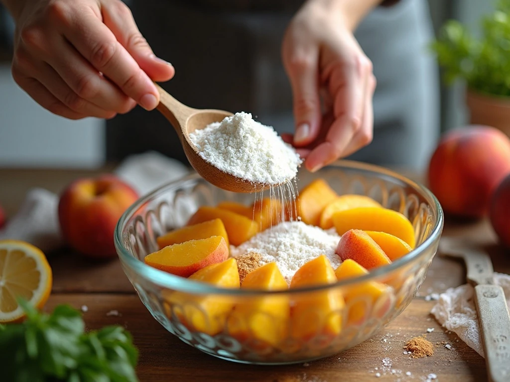 Sliced peaches being mixed with the filling ingredients for peach crisp