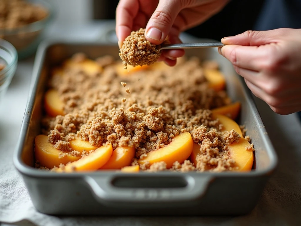 Oat crumble topping being spread over peaches before baking