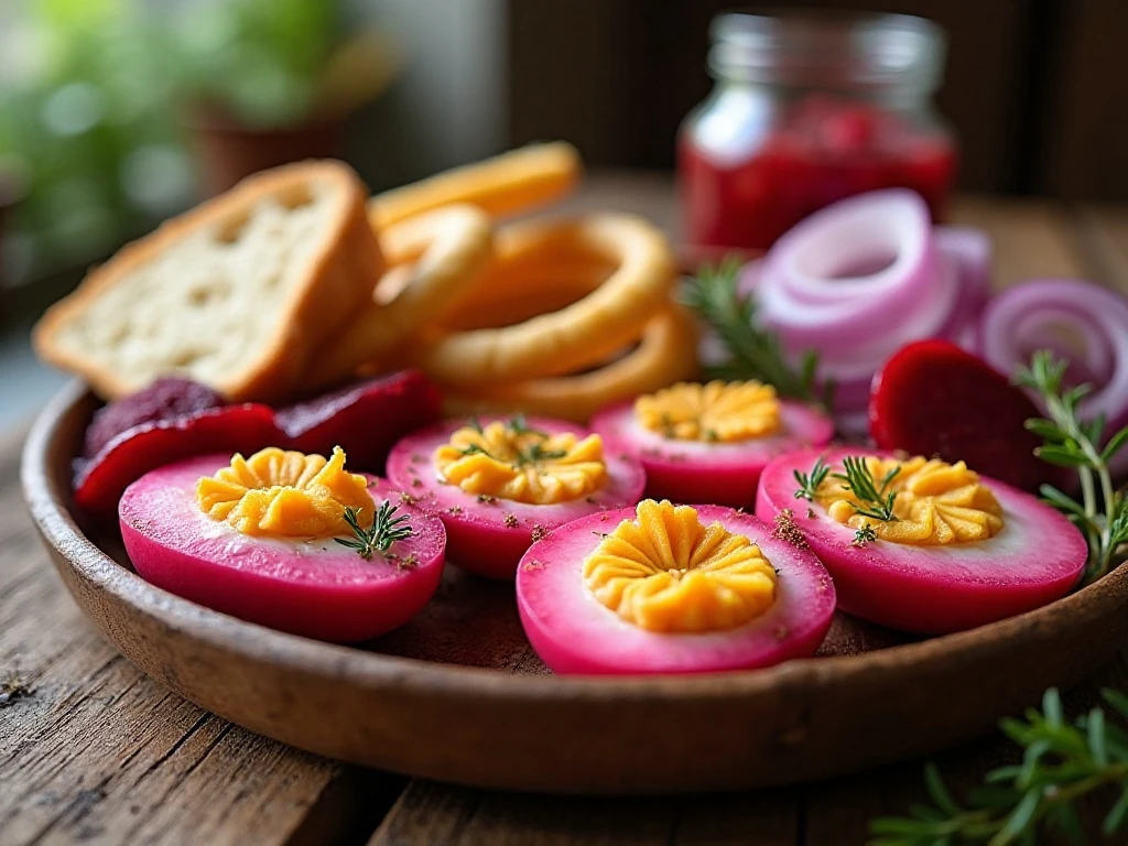 Pennsylvania Dutch pickled red beet eggs served with beets and onions