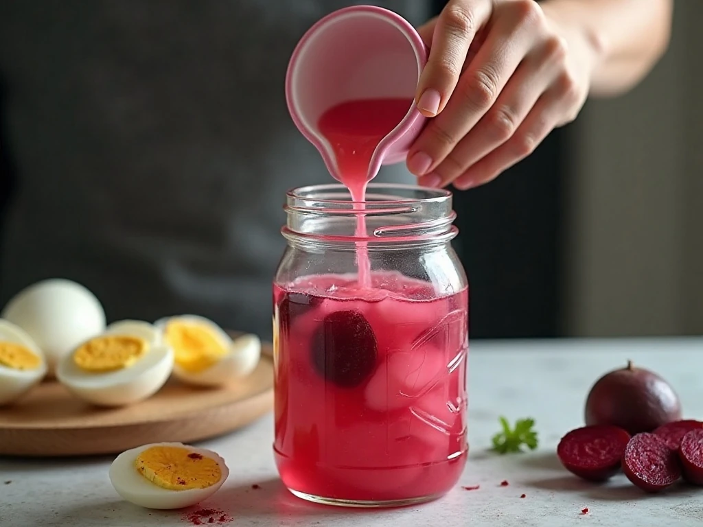 Preparing eggs and beets in a jar for pickling
