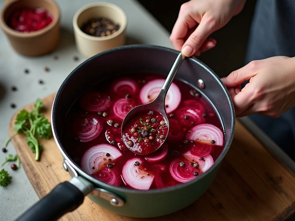 Gently simmering beet brine for pickled eggs