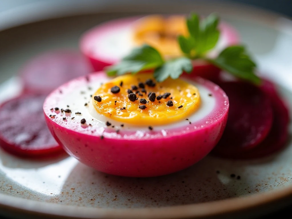 Halved pickled red beet egg with beets and onions
