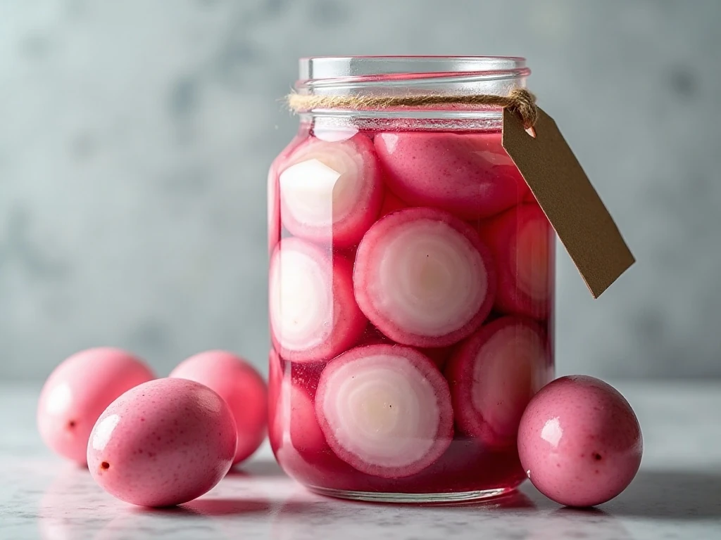 Jar of refrigerated pickled red beet eggs