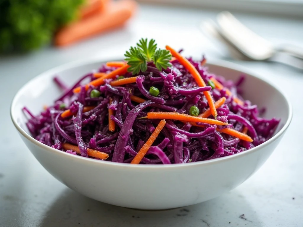 Colorful red cabbage salad with carrot, red onion, and parsley
