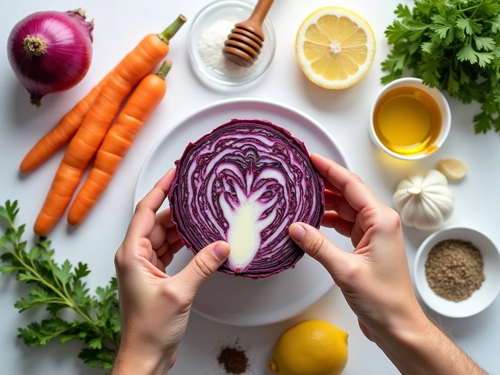 Ingredients for homemade red cabbage salad and lemon cumin dressing
