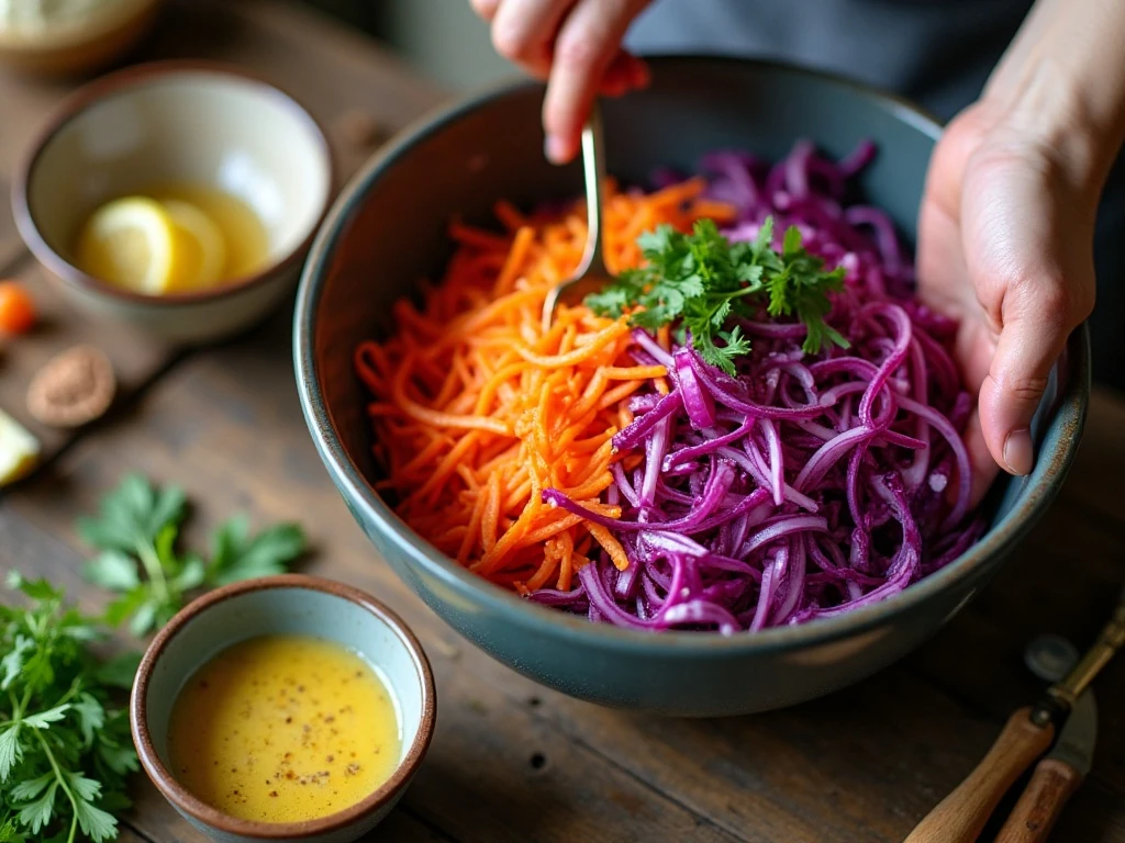 Preparing shredded vegetables and dressing for red cabbage salad
