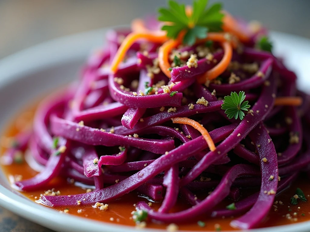 Close-up of crisp dressed red cabbage salad texture