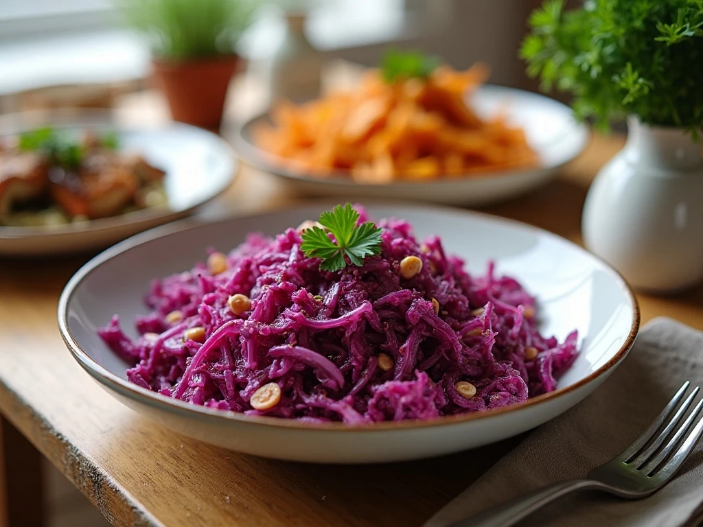 Red cabbage salad served as a colorful side dish