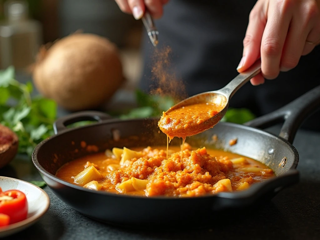Cooking Thai red curry paste with aromatics in a skillet