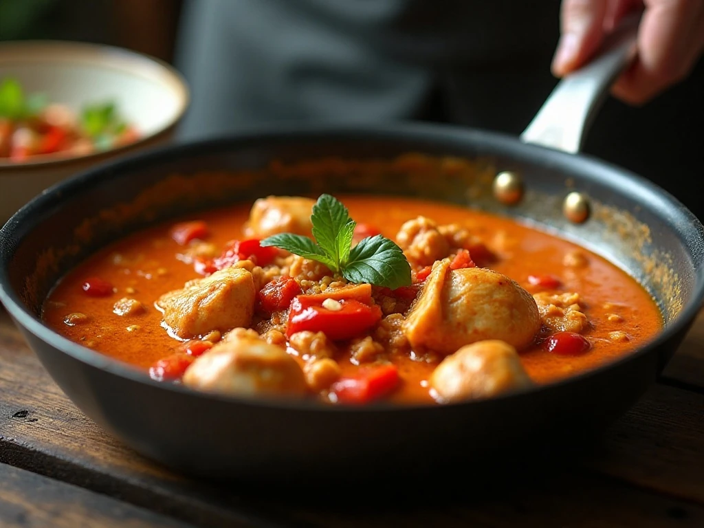 Thai red chicken curry gently simmering in coconut sauce