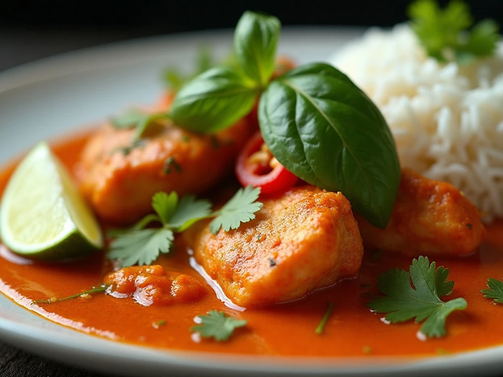 Garnished Thai red chicken curry with jasmine rice and lime