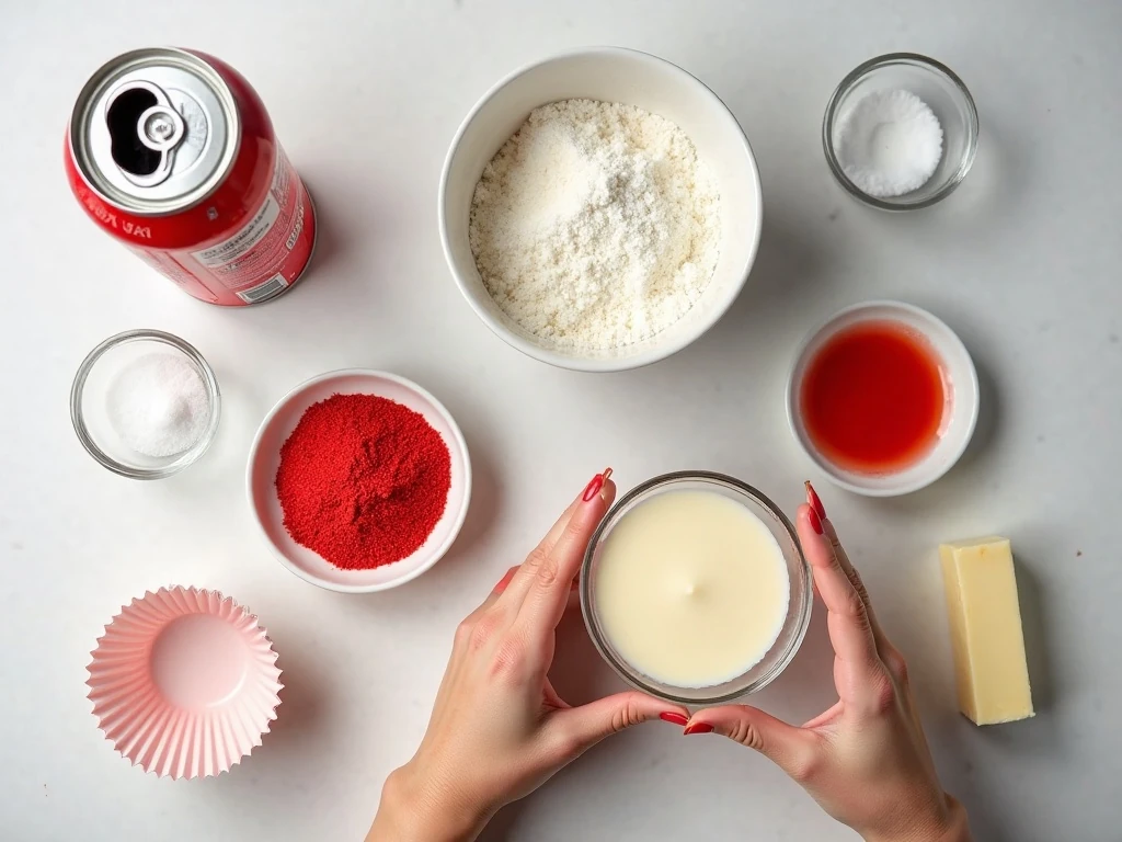 Ingredients for red cream soda cupcakes and buttercream arranged on a counter
