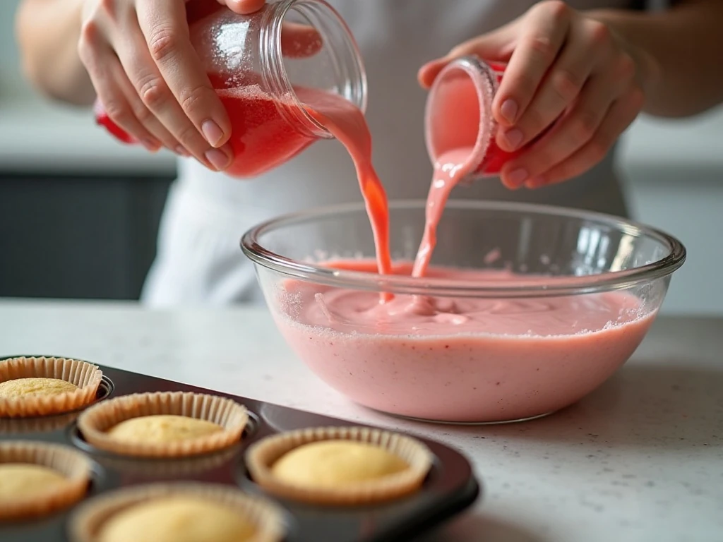 Red cream soda being mixed into cake batter for cupcakes