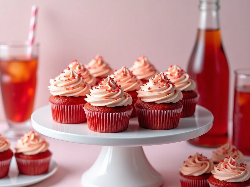 Finished red cream soda cupcakes arranged for a party dessert table
