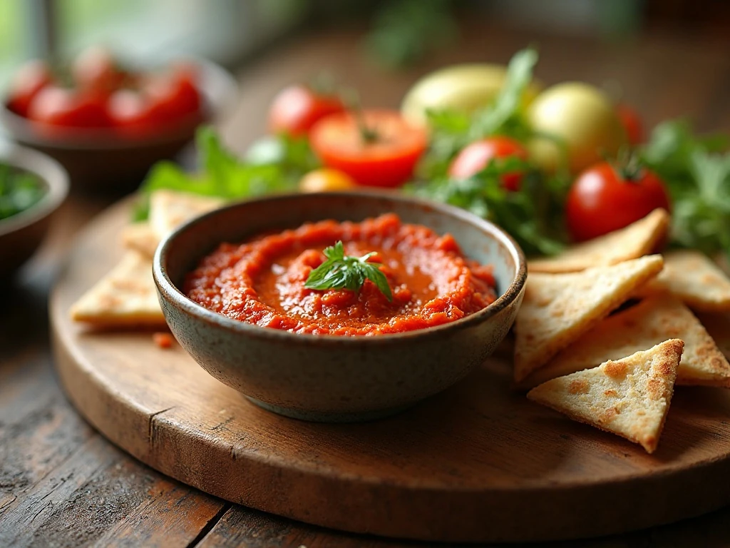 Roasted red pepper muhammara served with pita and fresh vegetables
